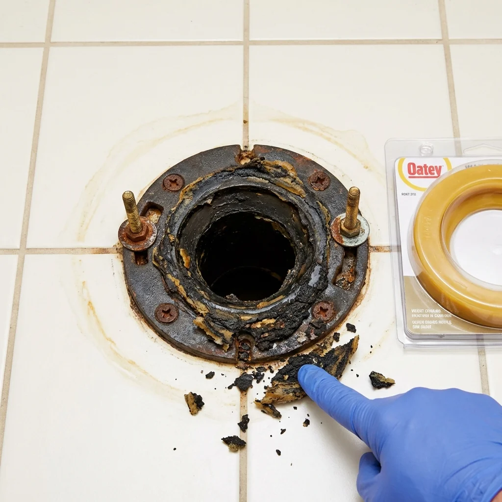 Failed wax ring showing water seepage at the base of a toilet in a Augusta, WI home