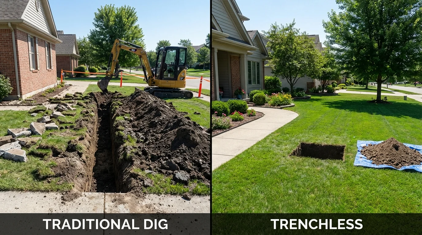 Trenchless sewer repair with minimal yard damage versus traditional excavation in Augusta, WI