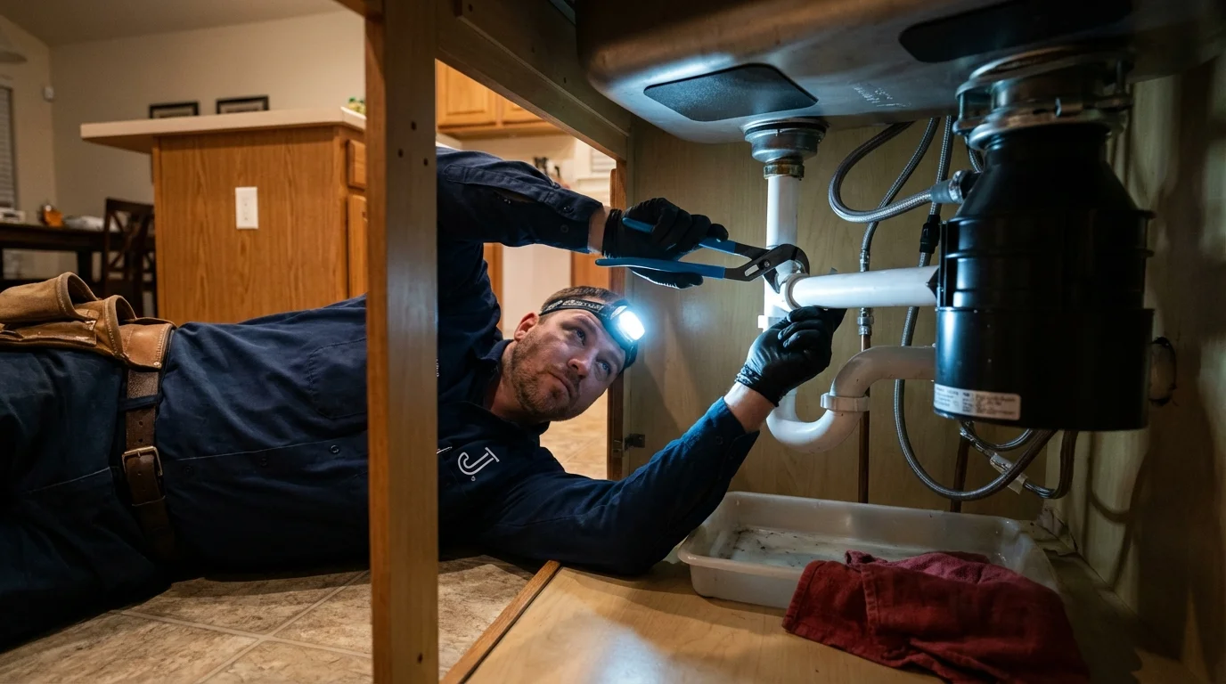 P-trap and supply line connections under a kitchen sink showing a common leak point in Augusta, WI